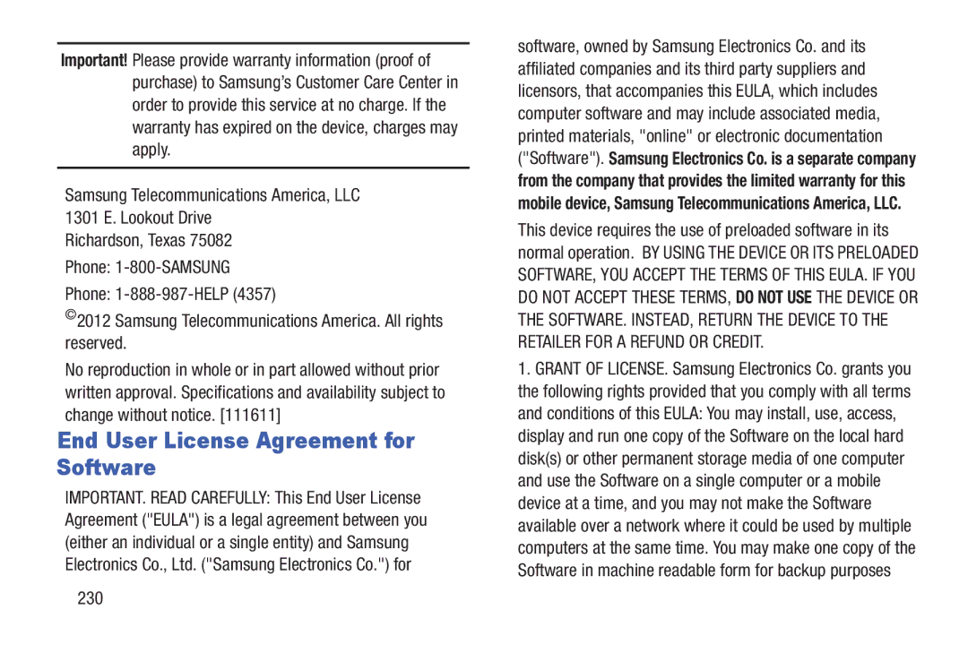 Samsung SGH-I497ZSAATT user manual End User License Agreement for Software, 230 