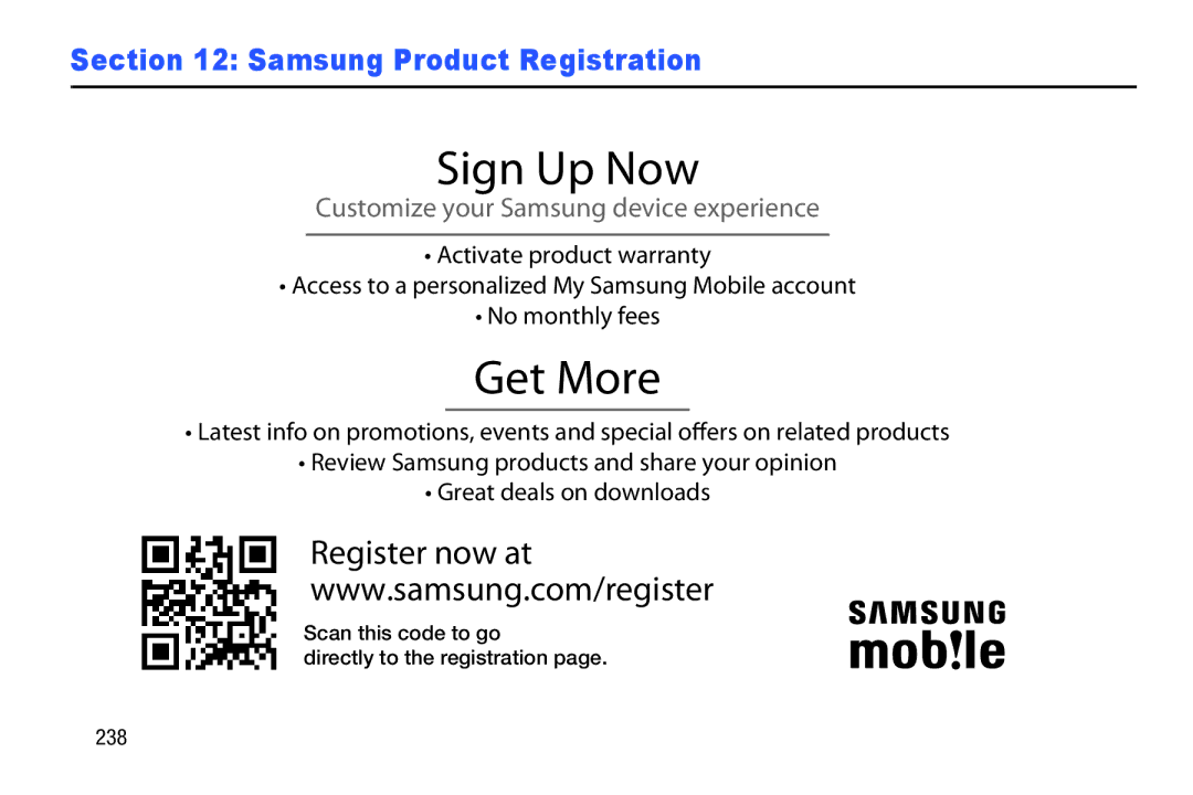 Samsung SGH-I497ZSAATT user manual 238, Scan this code to go Directly to the registration 