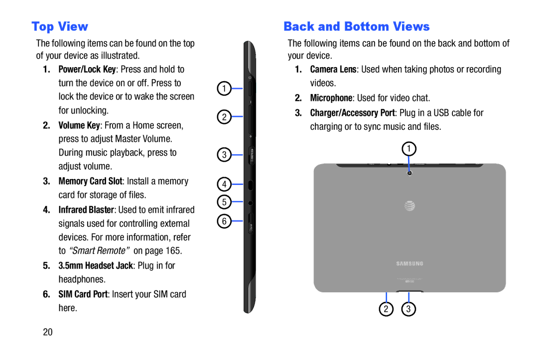 Samsung SGH-I497ZSAATT user manual Top View, Back and Bottom Views, 5mm Headset Jack Plug in for headphones 