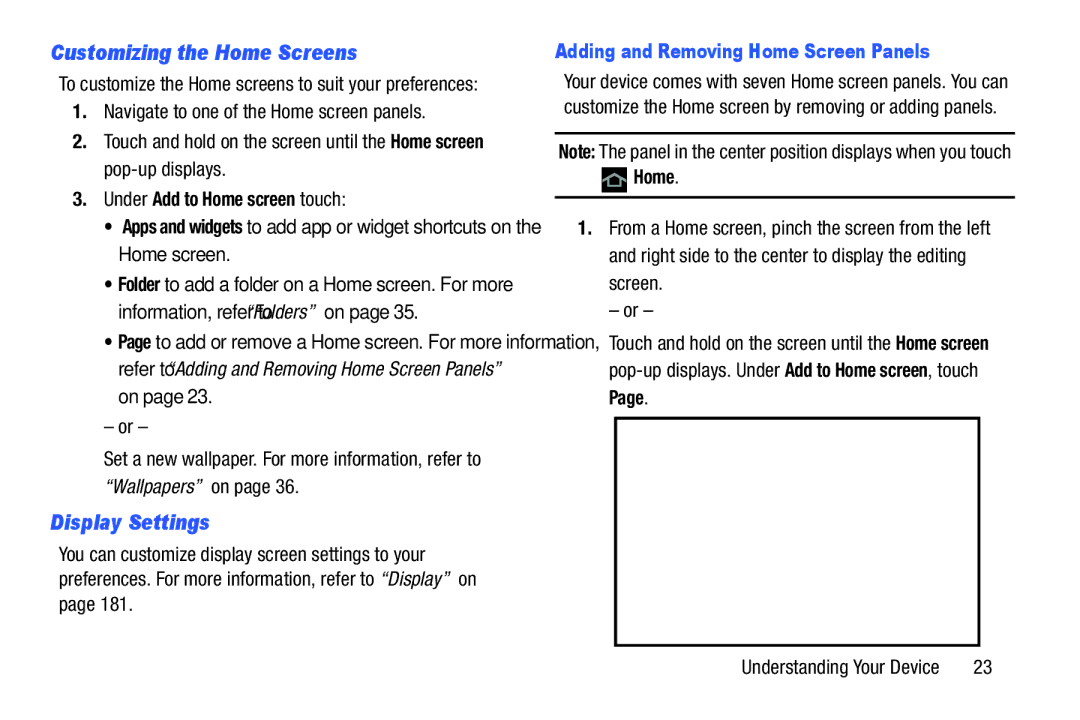 Samsung SGH-I497ZSAATT user manual Customizing the Home Screens, Display Settings, Adding and Removing Home Screen Panels 