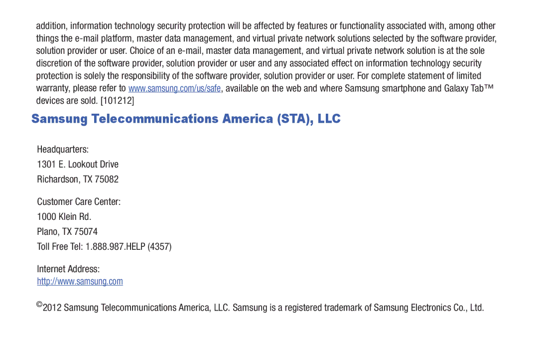 Samsung SGH-I497ZSAATT user manual Samsung Telecommunications America STA, LLC 