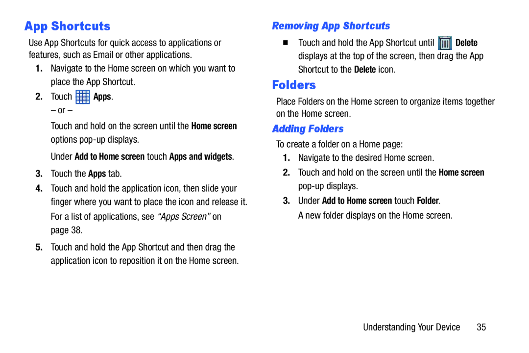 Samsung SGH-I497ZSAATT user manual Removing App Shortcuts, Adding Folders, Under Add to Home screen touch Folder 