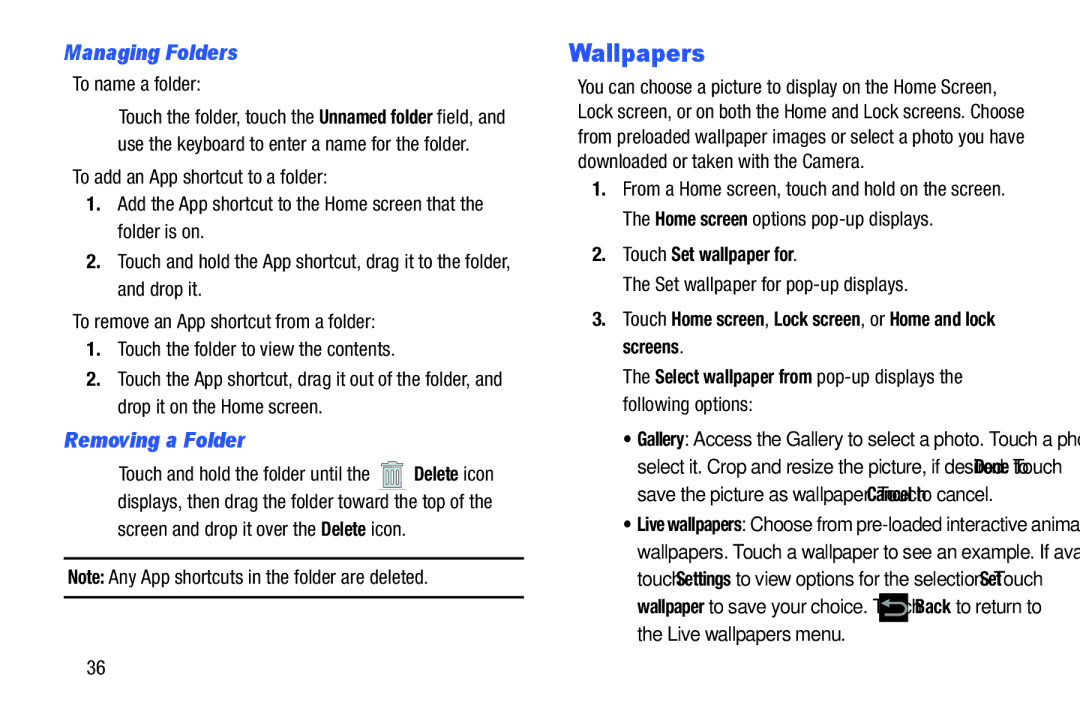 Samsung SGH-I497ZSAATT user manual Wallpapers, Managing Folders, Removing a Folder, Touch Set wallpaper for 