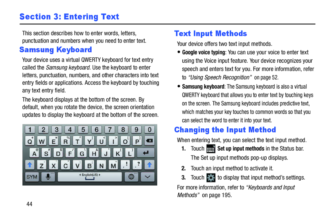 Samsung SGH-I497ZSAATT user manual Samsung Keyboard, Text Input Methods, Changing the Input Method 