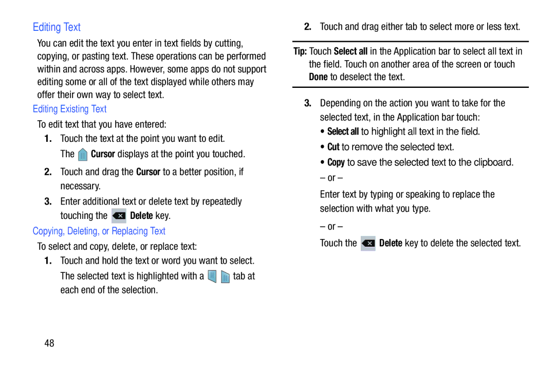 Samsung SGH-I497ZSAATT user manual Editing Text, Editing Existing Text, Copying, Deleting, or Replacing Text 