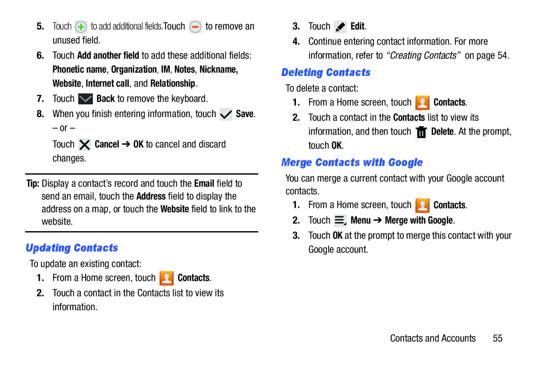 Samsung SGH-I497ZSAATT Updating Contacts, Deleting Contacts, Merge Contacts with Google, Touch Menu Merge with Google 