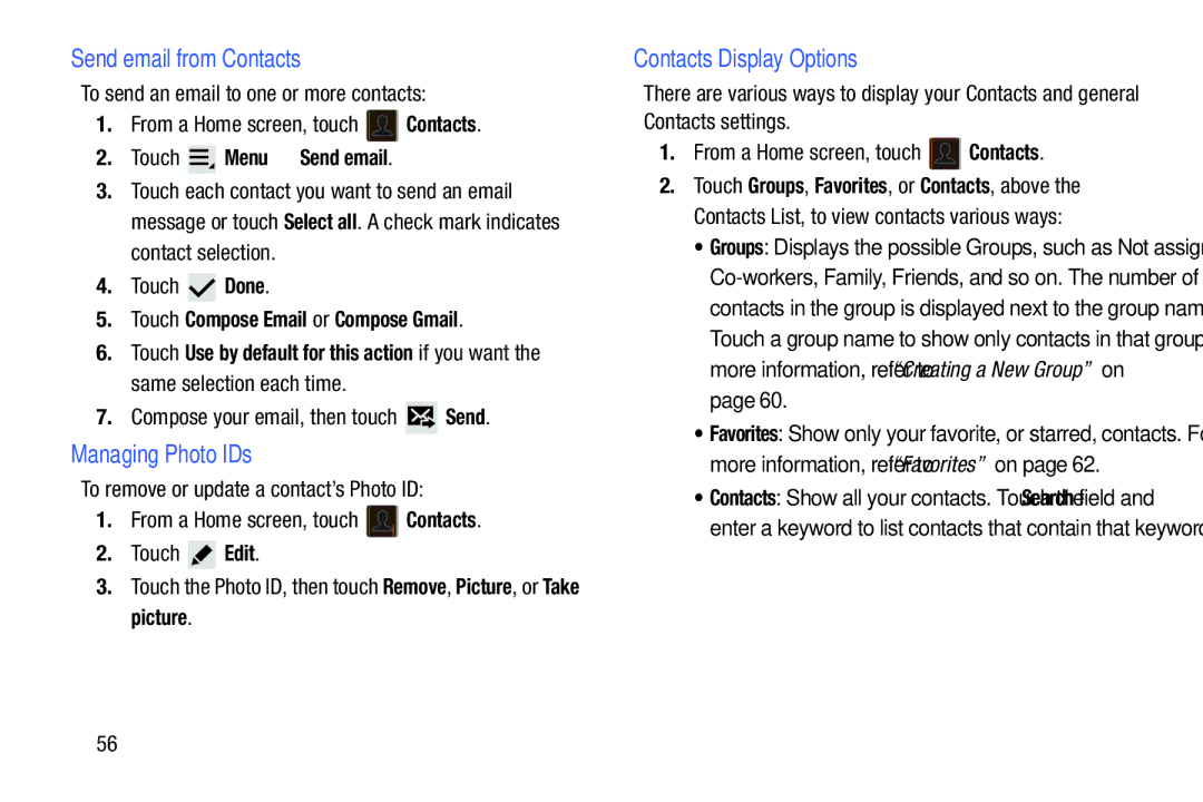 Samsung SGH-I497ZSAATT Send email from Contacts, Managing Photo IDs, Contacts Display Options, Touch Menu Send email 