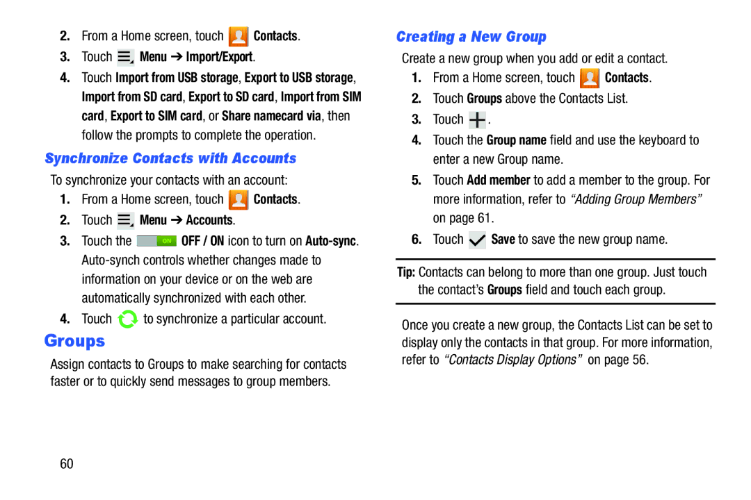 Samsung SGH-I497ZSAATT Groups, Synchronize Contacts with Accounts, Creating a New Group, Touch Menu Import/Export 