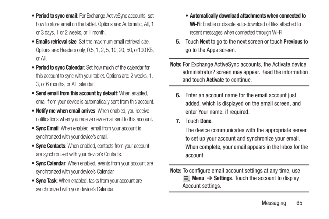 Samsung SGH-I497ZSAATT user manual Touch Done, Account settings Messaging 