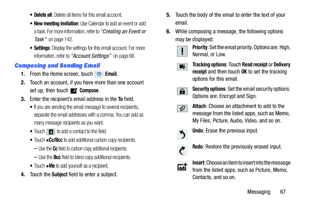 Samsung SGH-I497ZSAATT user manual Composing and Sending Email, Delete all Delete all items for this email account 