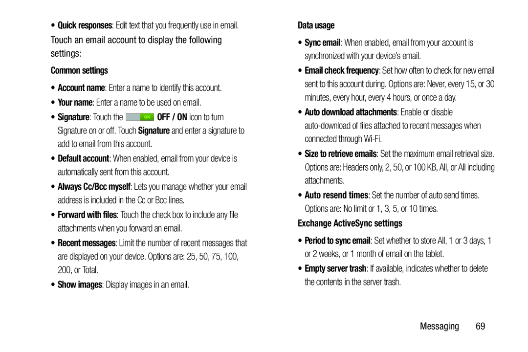 Samsung SGH-I497ZSAATT user manual Common settings, Data usage, Exchange ActiveSync settings 