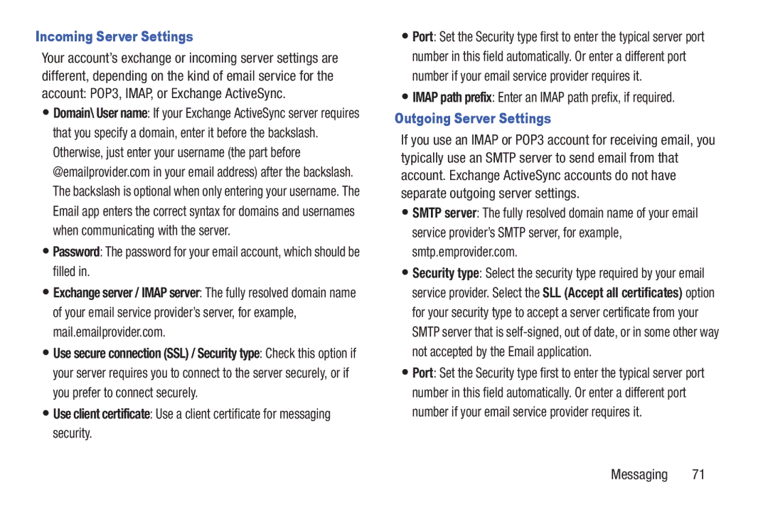 Samsung SGH-I497ZSAATT user manual Incoming Server Settings, Outgoing Server Settings 