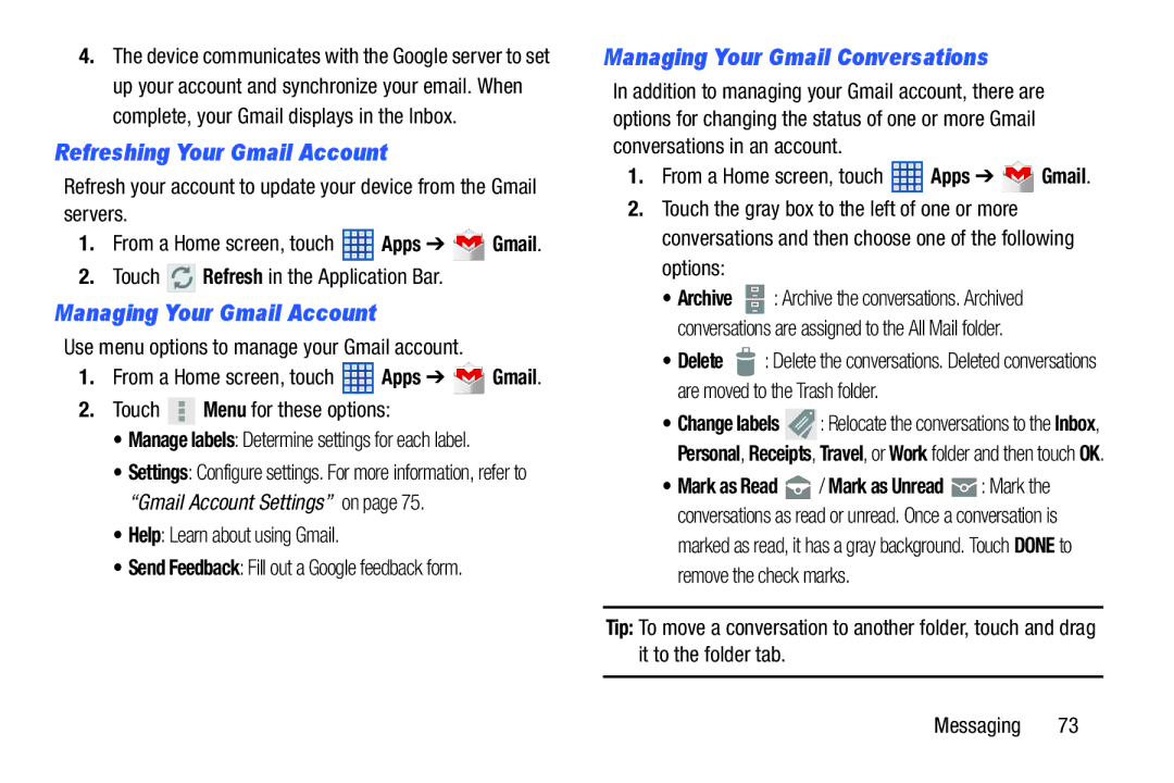 Samsung SGH-I497ZSAATT Refreshing Your Gmail Account, Managing Your Gmail Account, Managing Your Gmail Conversations 