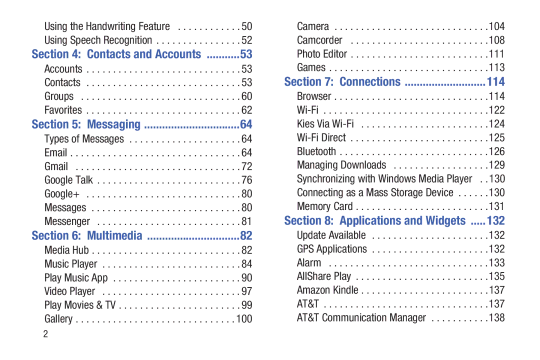 Samsung SGH-I497ZSAATT user manual Contacts and Accounts, 114, Applications and Widgets 132 