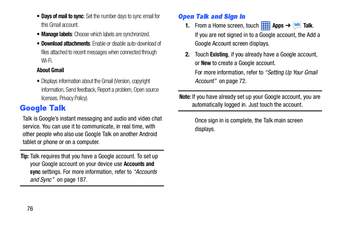 Samsung SGH-I497ZSAATT user manual Google Talk, Open Talk and Sign, About Gmail, From a Home screen, touch Apps Talk 