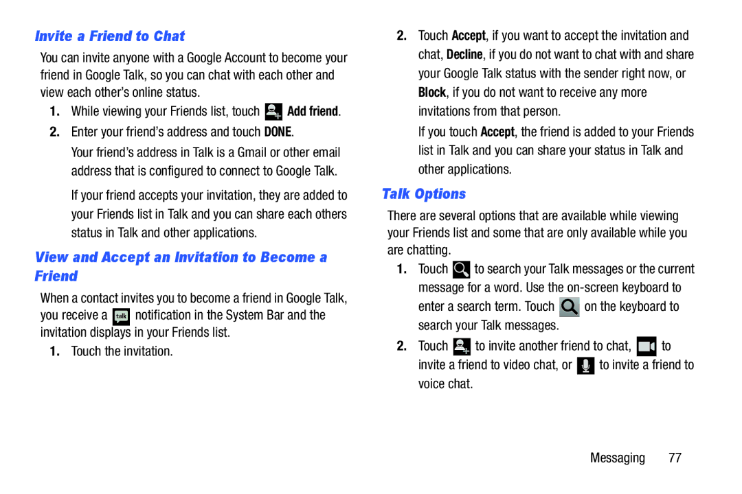 Samsung SGH-I497ZSAATT user manual Invite a Friend to Chat, View and Accept an Invitation to Become a Friend, Talk Options 