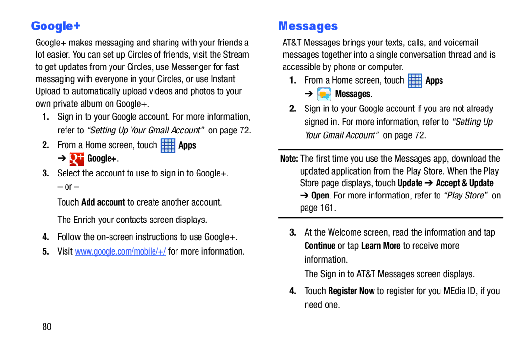 Samsung SGH-I497ZSAATT user manual Messages, Select the account to use to sign in to Google+ 