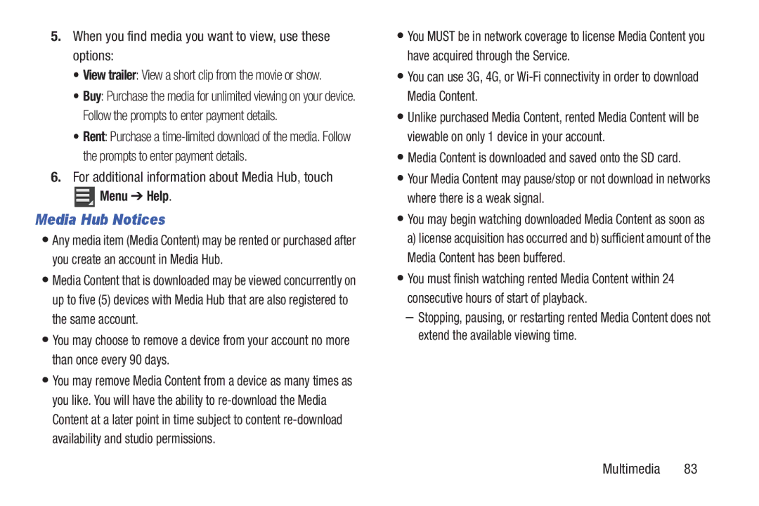 Samsung SGH-I497ZSAATT Media Hub Notices, When you find media you want to view, use these options, Menu Help, Multimedia 