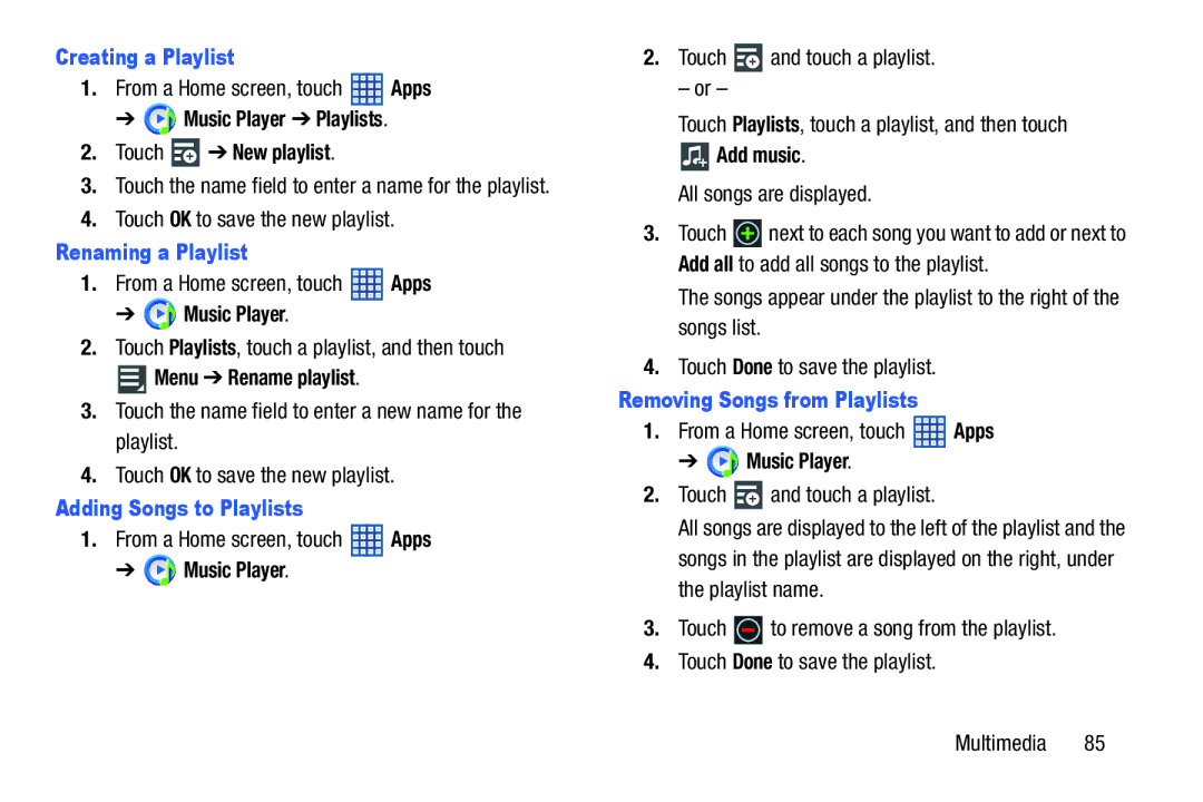 Samsung SGH-I497ZSAATT Creating a Playlist, Renaming a Playlist, Adding Songs to Playlists, Removing Songs from Playlists 