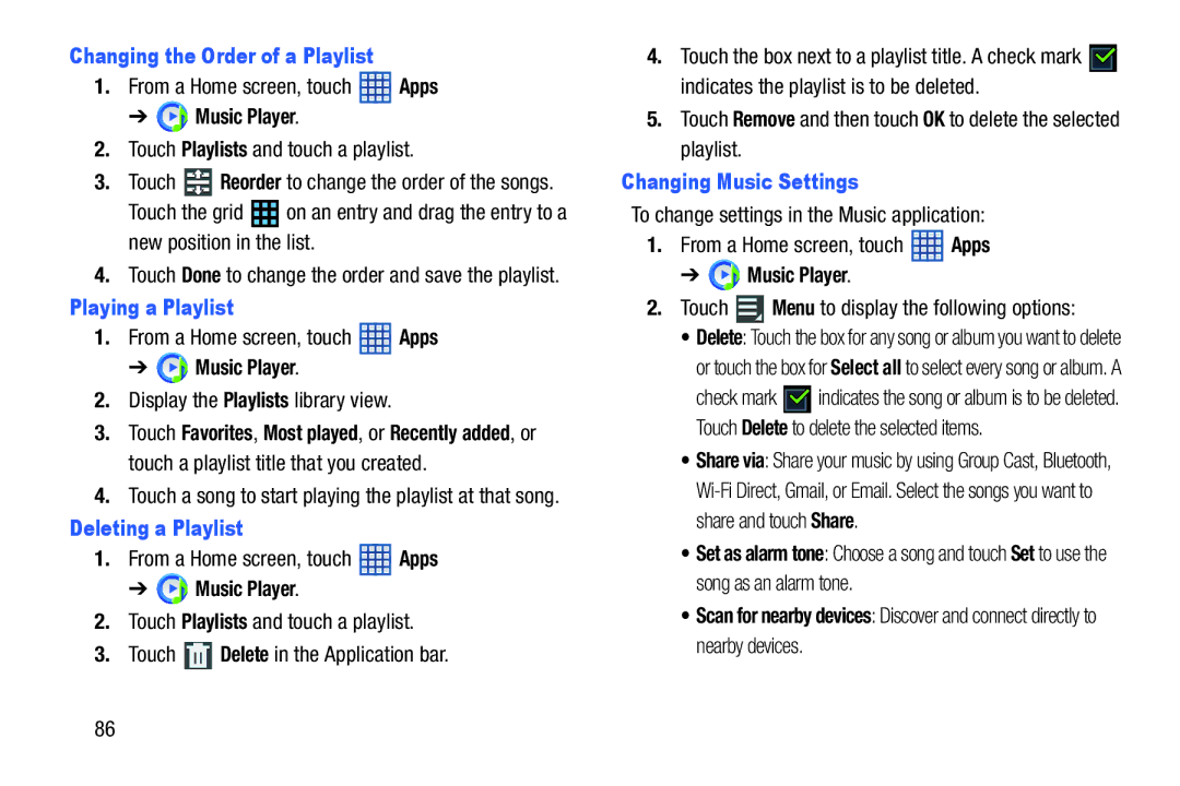 Samsung SGH-I497ZSAATT Changing the Order of a Playlist, Playing a Playlist, Deleting a Playlist, Changing Music Settings 