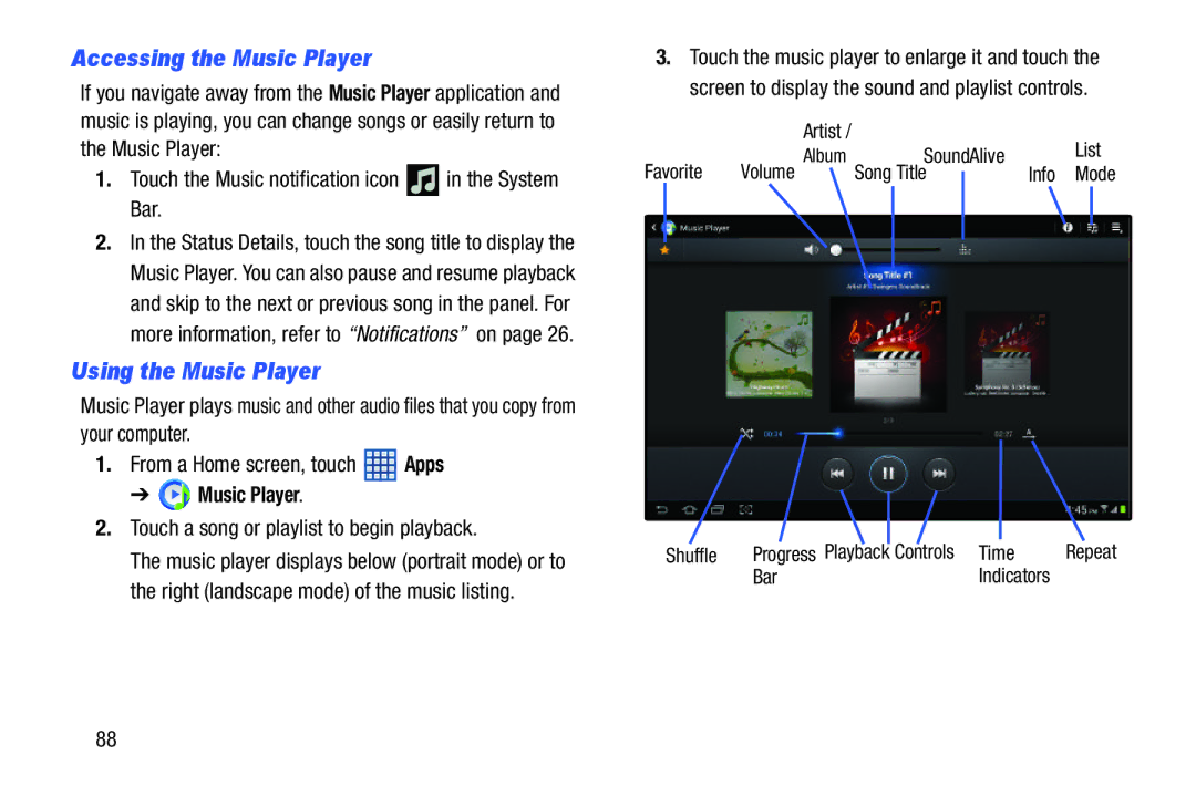 Samsung SGH-I497ZSAATT Accessing the Music Player, Using the Music Player, Touch a song or playlist to begin playback 