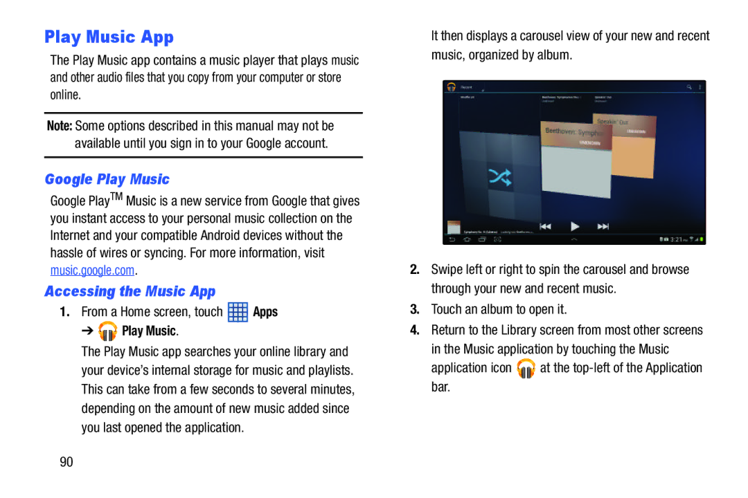 Samsung SGH-I497ZSAATT user manual Play Music App, Google Play Music, Accessing the Music App, Touch an album to open it 