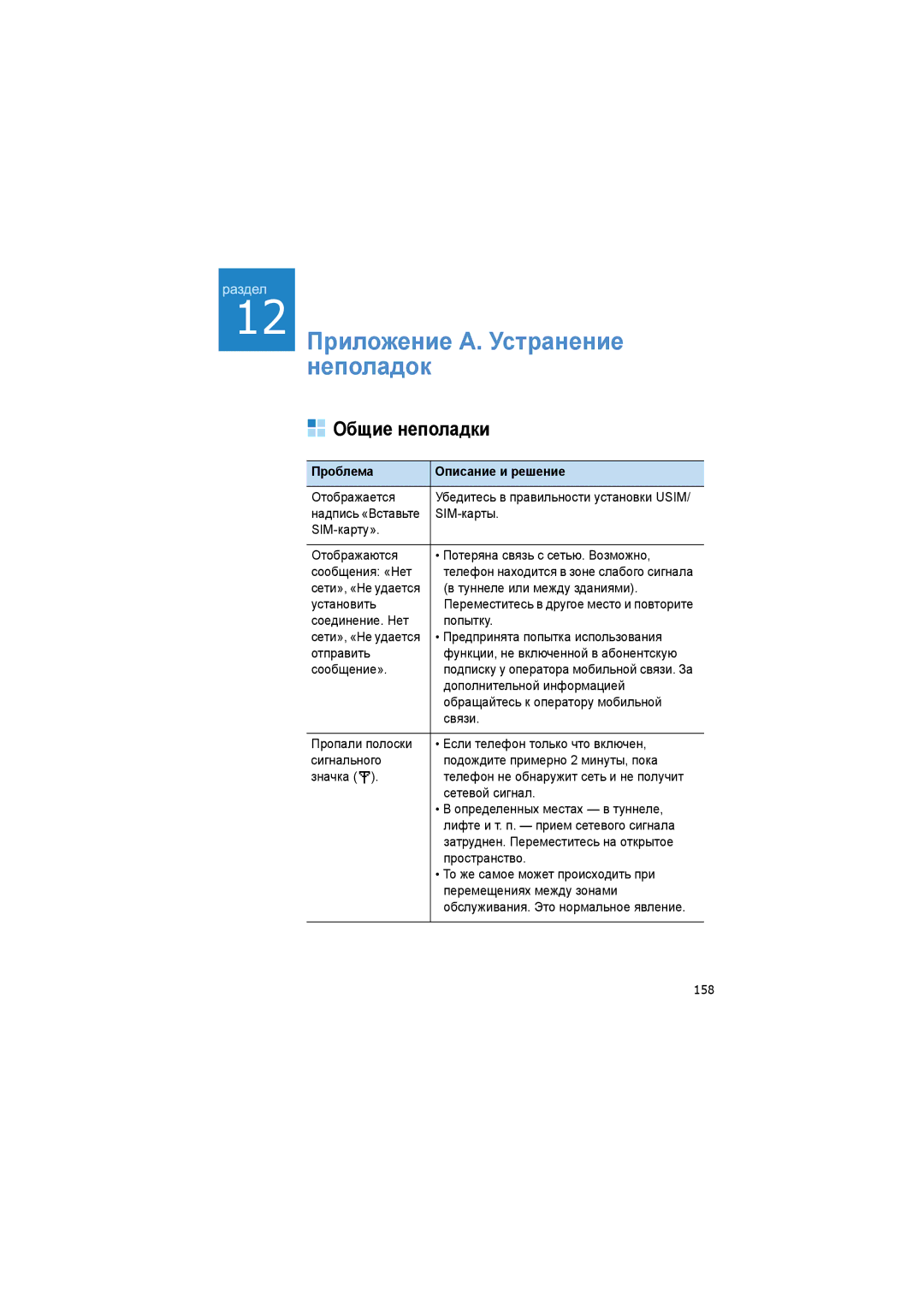 Samsung SGH-I520DKASER manual Общие неполадки, Проблема Описание и решение, 158 