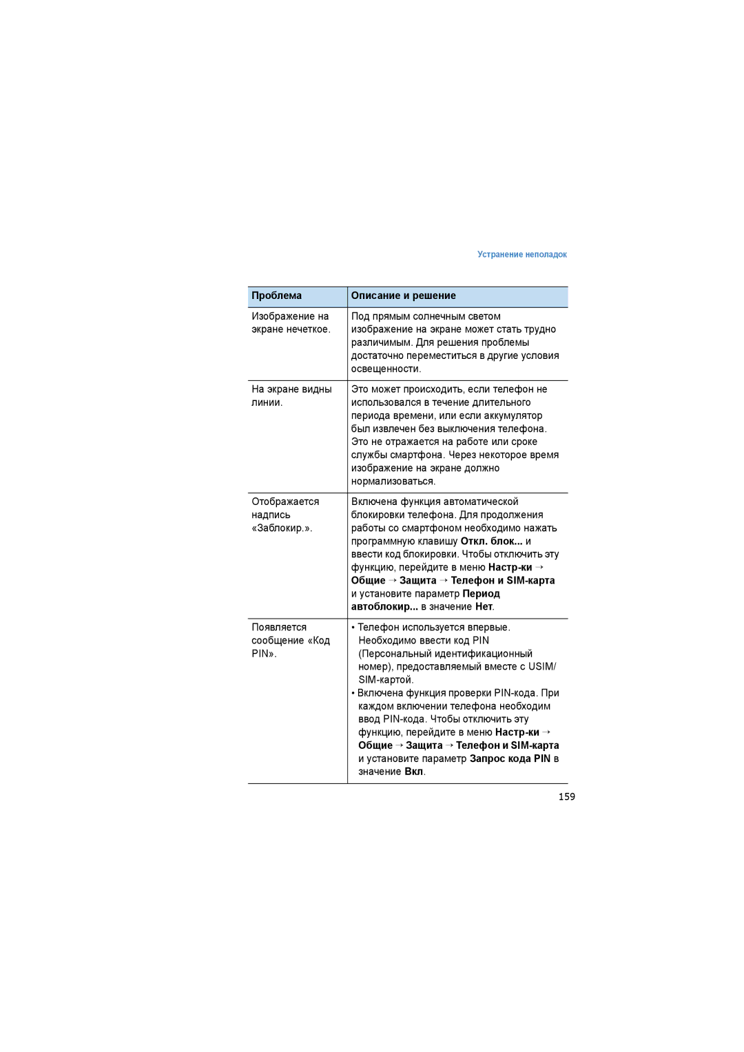 Samsung SGH-I520DKASER manual Общие → Защита → Телефон и SIM-карта, Автоблокир... в значение Нет, 159 