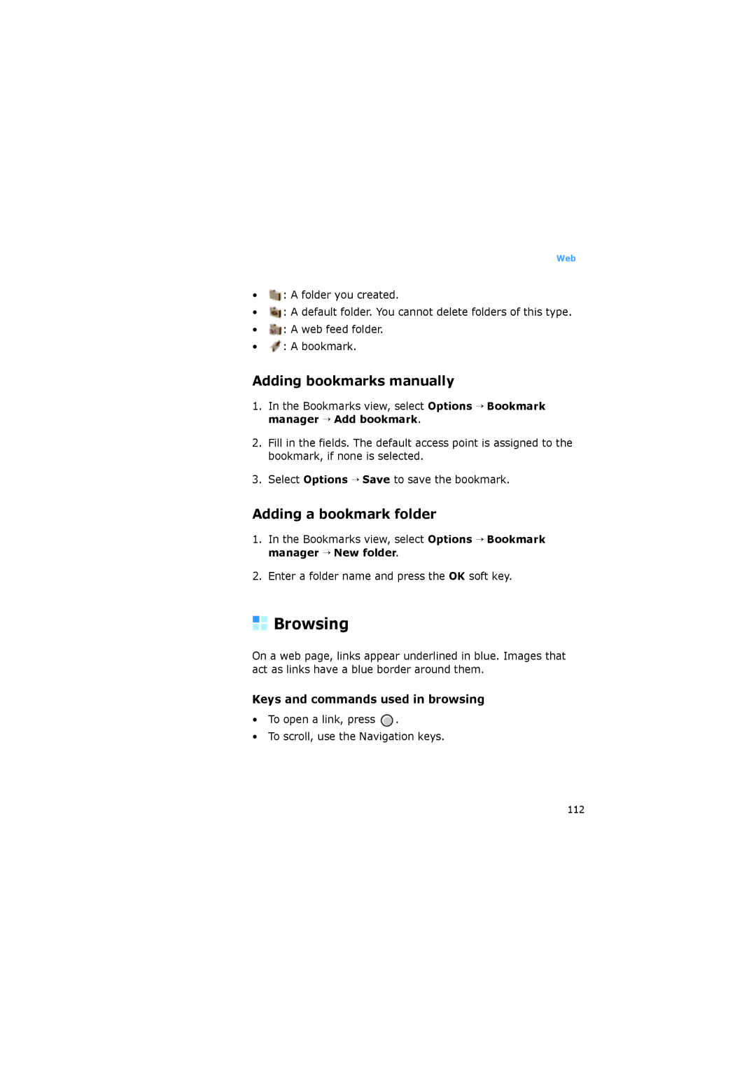 Samsung SGH-I520DKAXET Browsing, Adding bookmarks manually, Adding a bookmark folder, Keys and commands used in browsing 