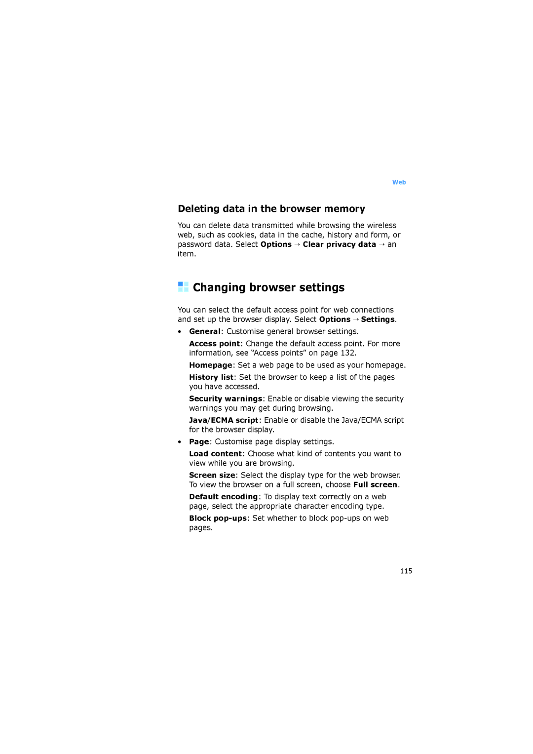 Samsung SGH-I520DKASER, SGH-I520DKAXET, SGH-I520DKVOMN manual Changing browser settings, Deleting data in the browser memory 