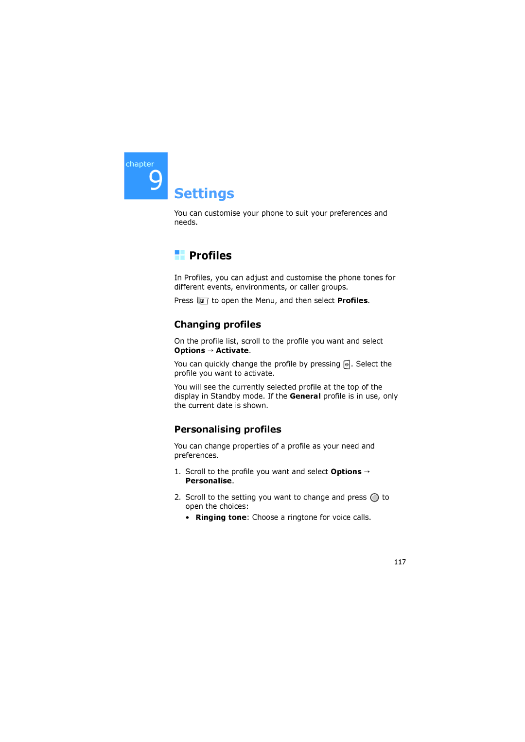 Samsung SGH-I520DKVOMN, SGH-I520DKAXET, SGH-I520DKVVGR manual Settings, Profiles, Changing profiles, Personalising profiles 