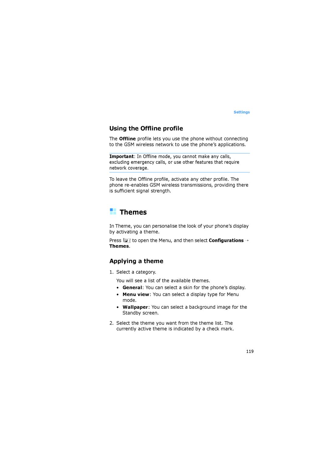 Samsung SGH-I520DKASER, SGH-I520DKAXET, SGH-I520DKVOMN, SGH-I520DKVVGR Themes, Using the Offline profile, Applying a theme 