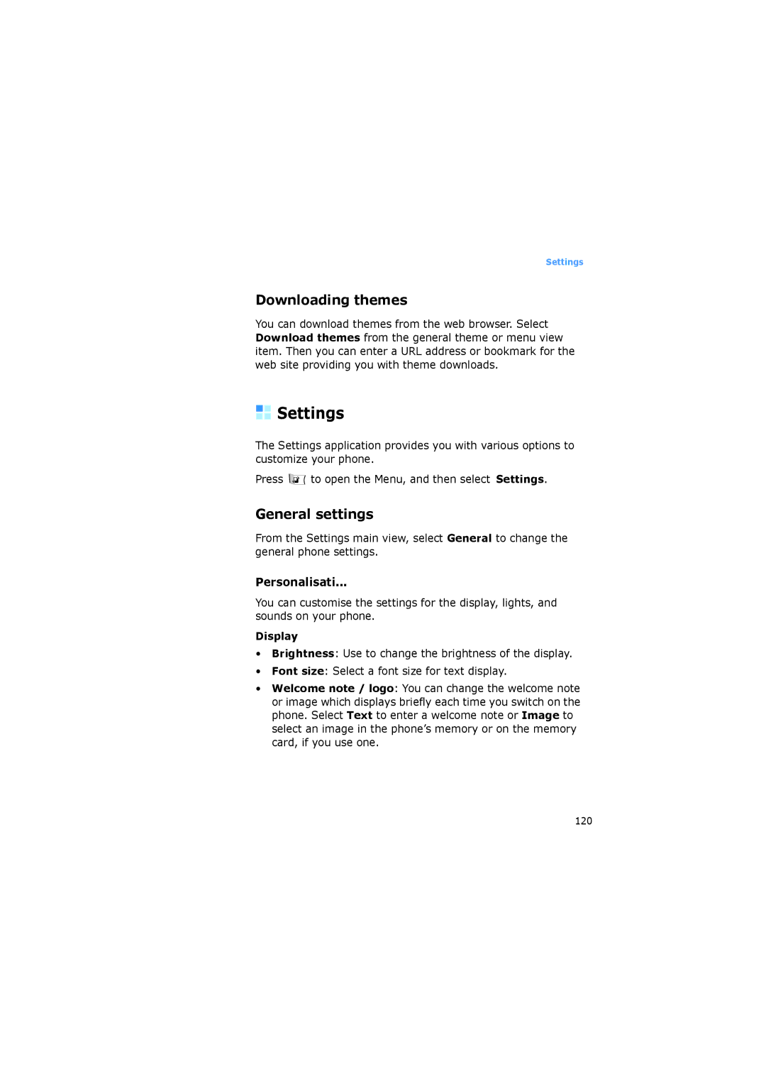 Samsung SGH-I520DKAXET, SGH-I520DKVOMN manual Settings, Downloading themes, General settings, Personalisati, Display 