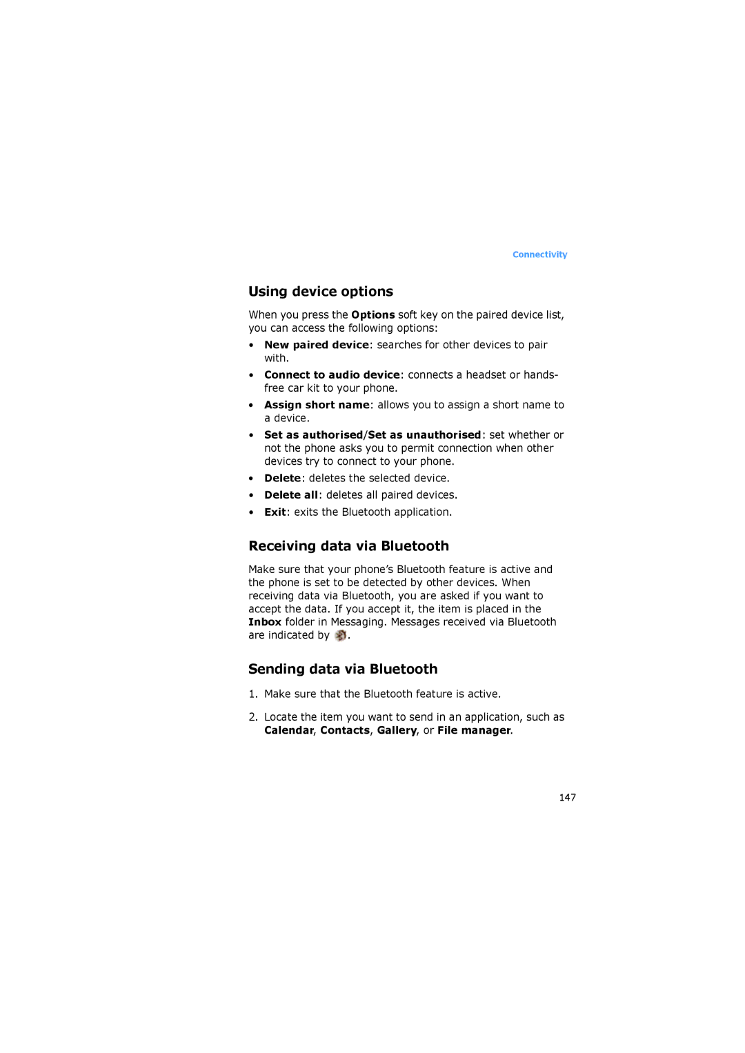 Samsung SGH-I520DKASER, SGH-I520DKAXET manual Using device options, Receiving data via Bluetooth, Sending data via Bluetooth 