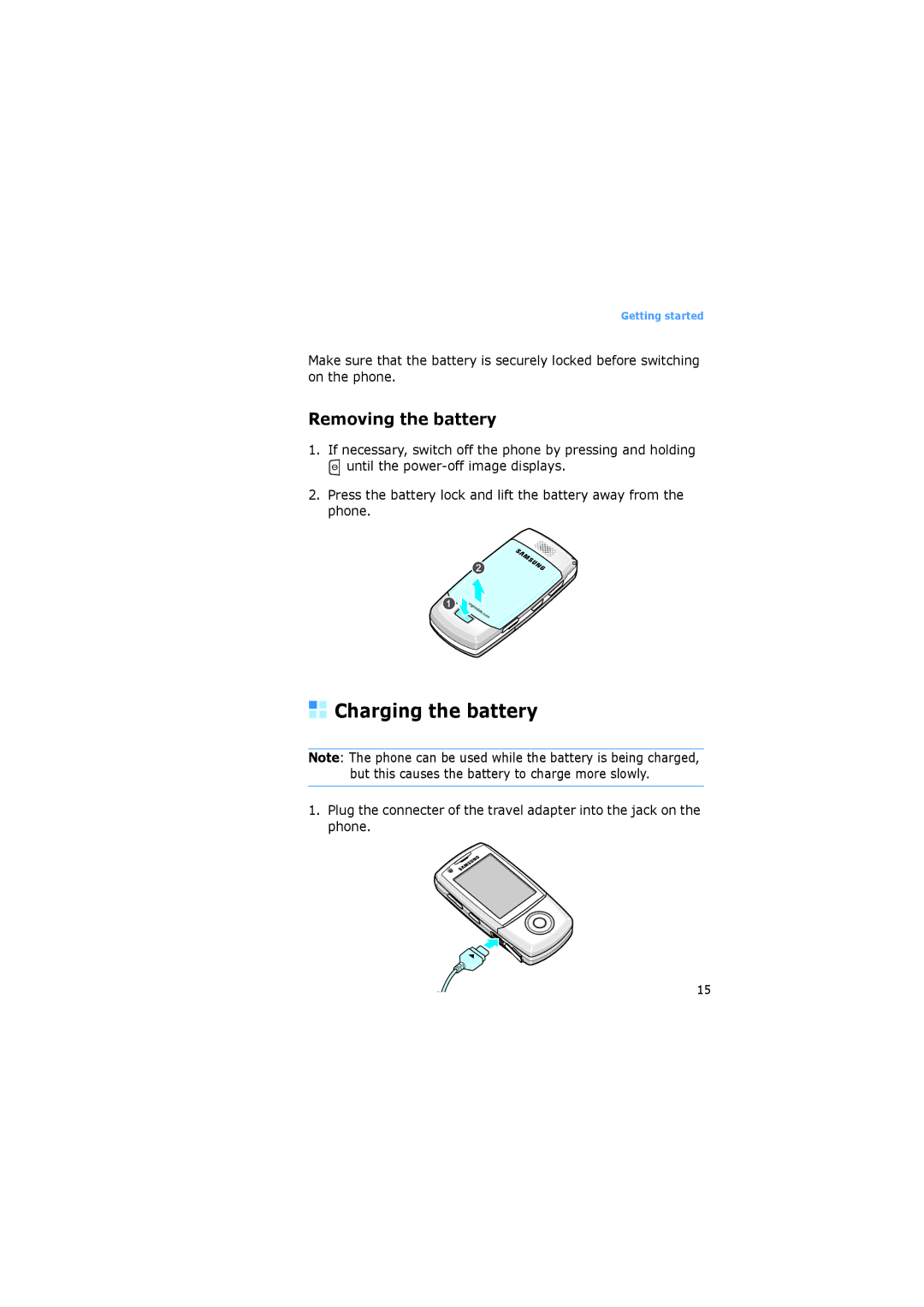 Samsung SGH-I520DKASER, SGH-I520DKAXET, SGH-I520DKVOMN, SGH-I520DKVVGR manual Charging the battery, Removing the battery 