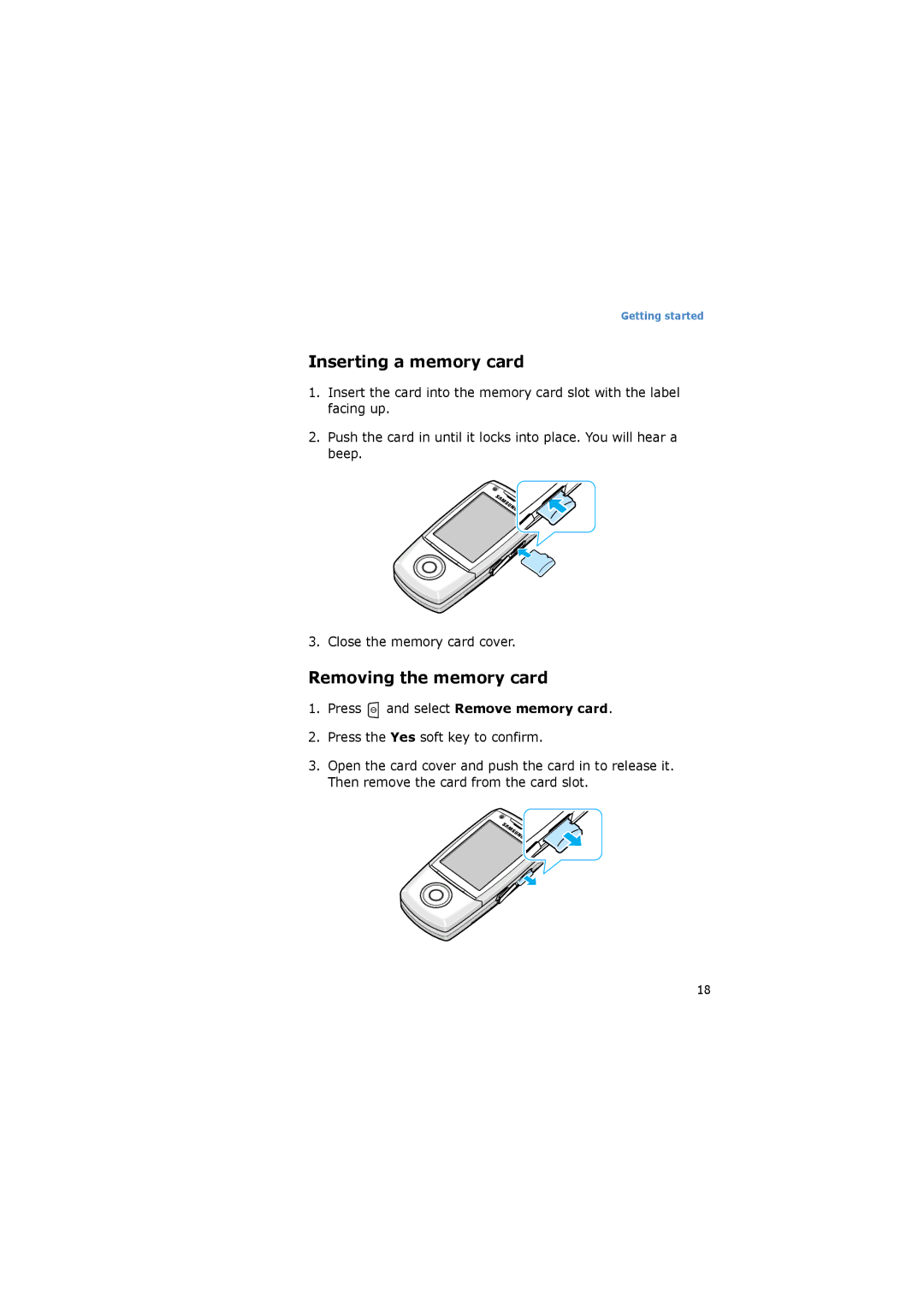 Samsung SGH-I520DKVVGR, SGH-I520DKAXET, SGH-I520DKVOMN, SGH-I520DKASER Inserting a memory card, Removing the memory card 