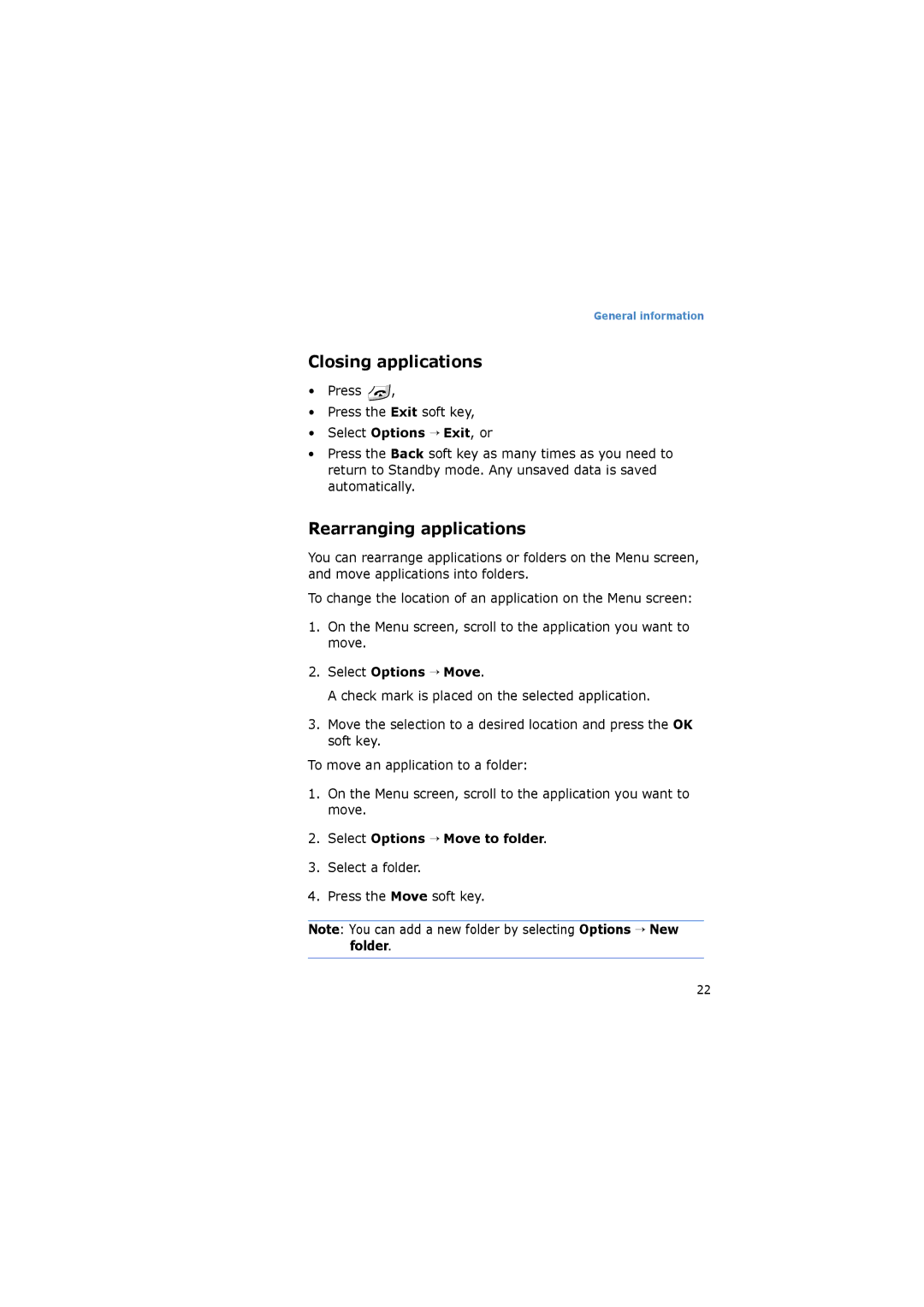 Samsung SGH-I520DKVVGR Closing applications, Rearranging applications, Select Options → Exit, or, Select Options → Move 