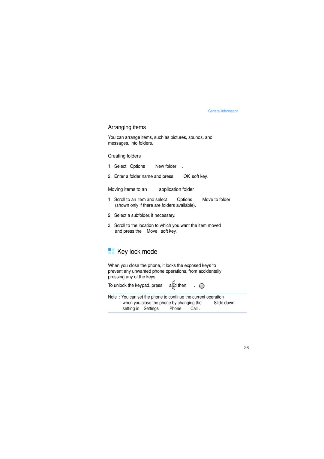 Samsung SGH-I520DKVVGR manual Key lock mode, Arranging items, Creating folders, Moving items to an application folder 