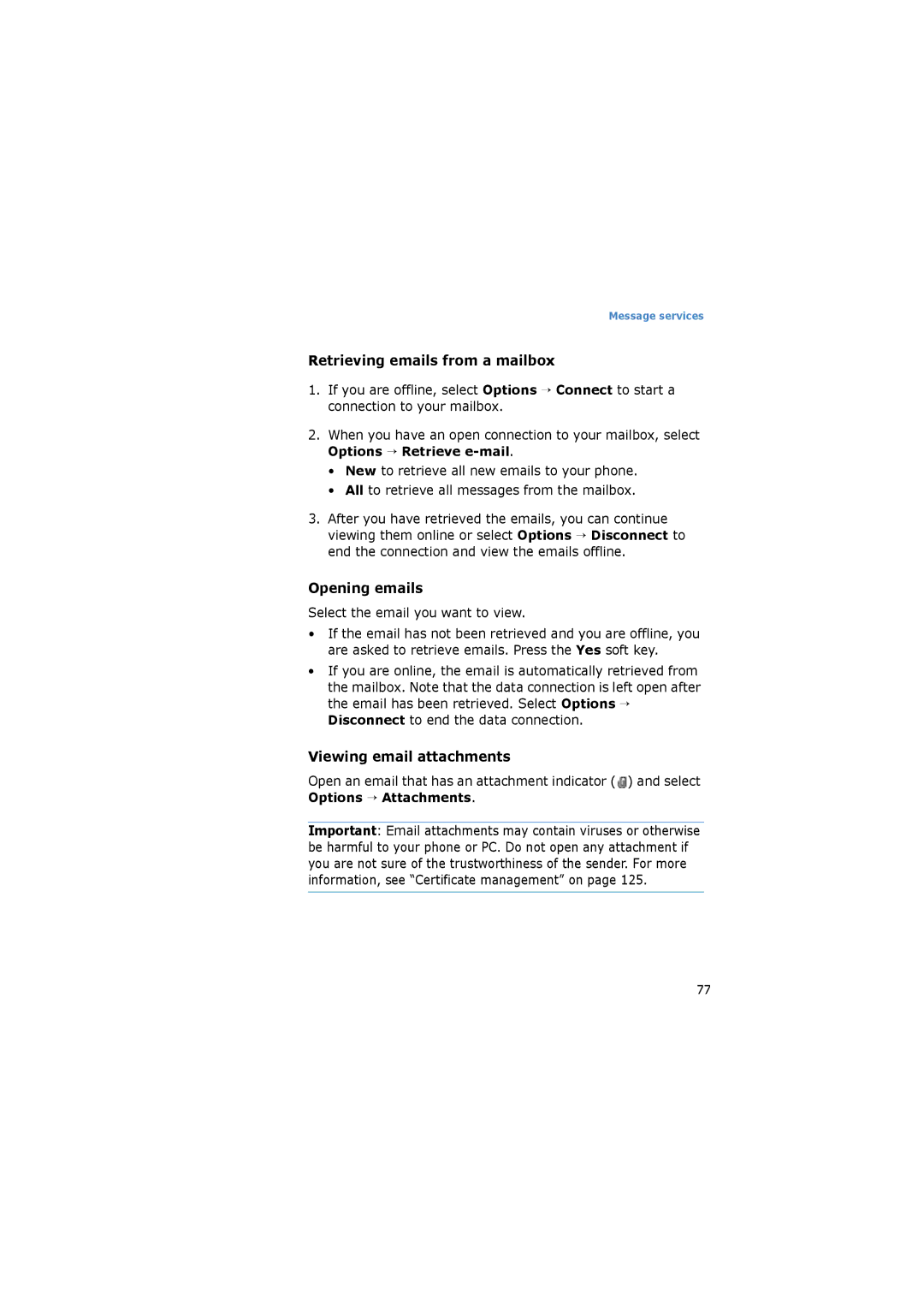 Samsung SGH-I520DKVOMN, SGH-I520DKAXET manual Retrieving emails from a mailbox, Opening emails, Viewing email attachments 
