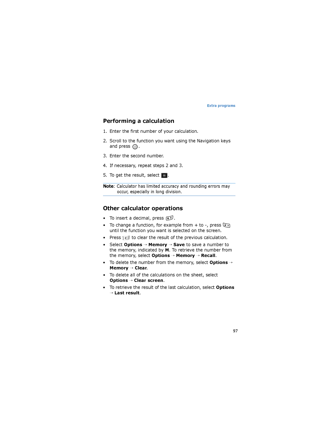 Samsung SGH-I520DKVOMN, SGH-I520DKAXET, SGH-I520DKVVGR Performing a calculation, Other calculator operations, → Last result 