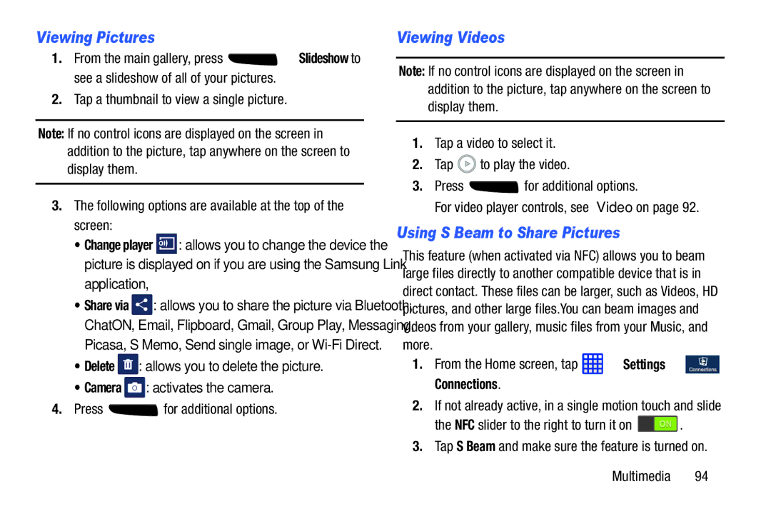 Samsung SGH-I537_UM user manual Viewing Pictures, Viewing Videos, Using S Beam to Share Pictures 