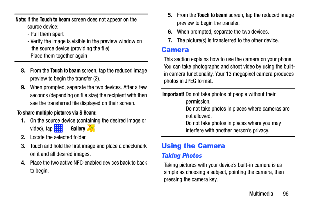 Samsung SGH-I537_UM user manual Using the Camera, Taking Photos, To share multiple pictures via S Beam 