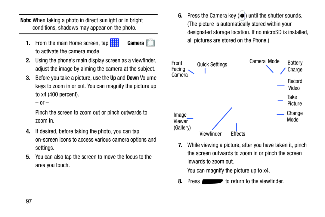 Samsung SGH-I537_UM user manual Front, Facing, Camera, Take, Mode, Viewer, Viewfinder Effects 