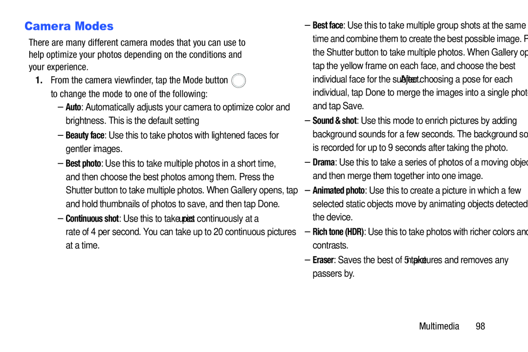 Samsung SGH-I537_UM user manual Camera Modes 