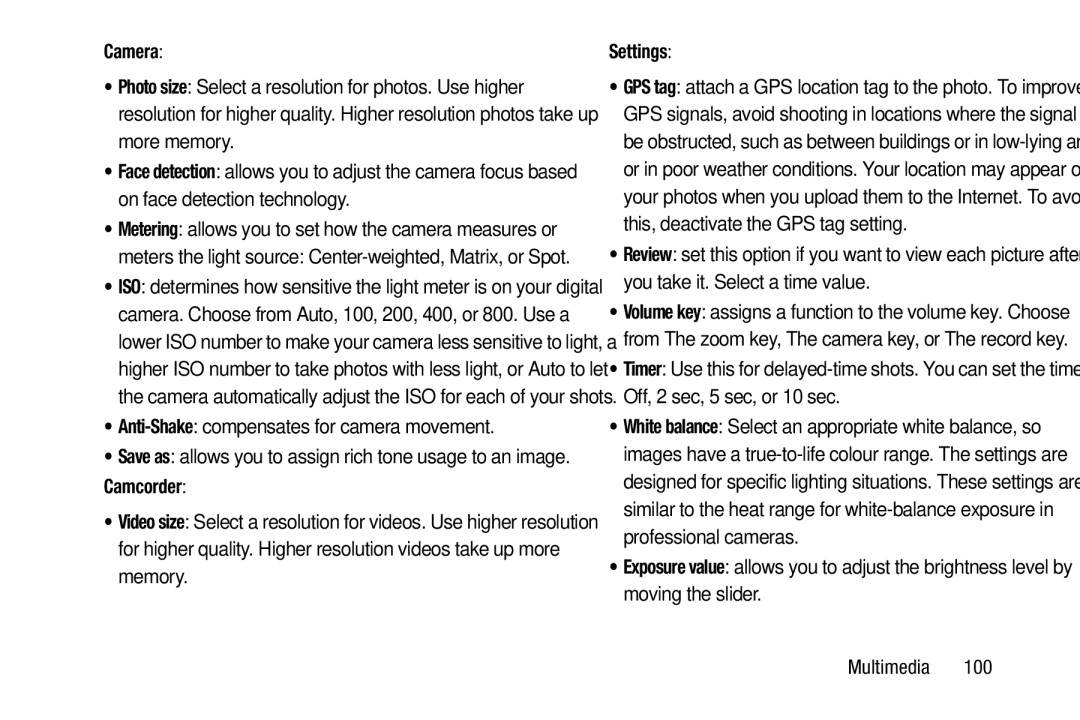 Samsung SGH-I537_UM user manual Camera, Anti-Shake compensates for camera movement, Camcorder, Settings 