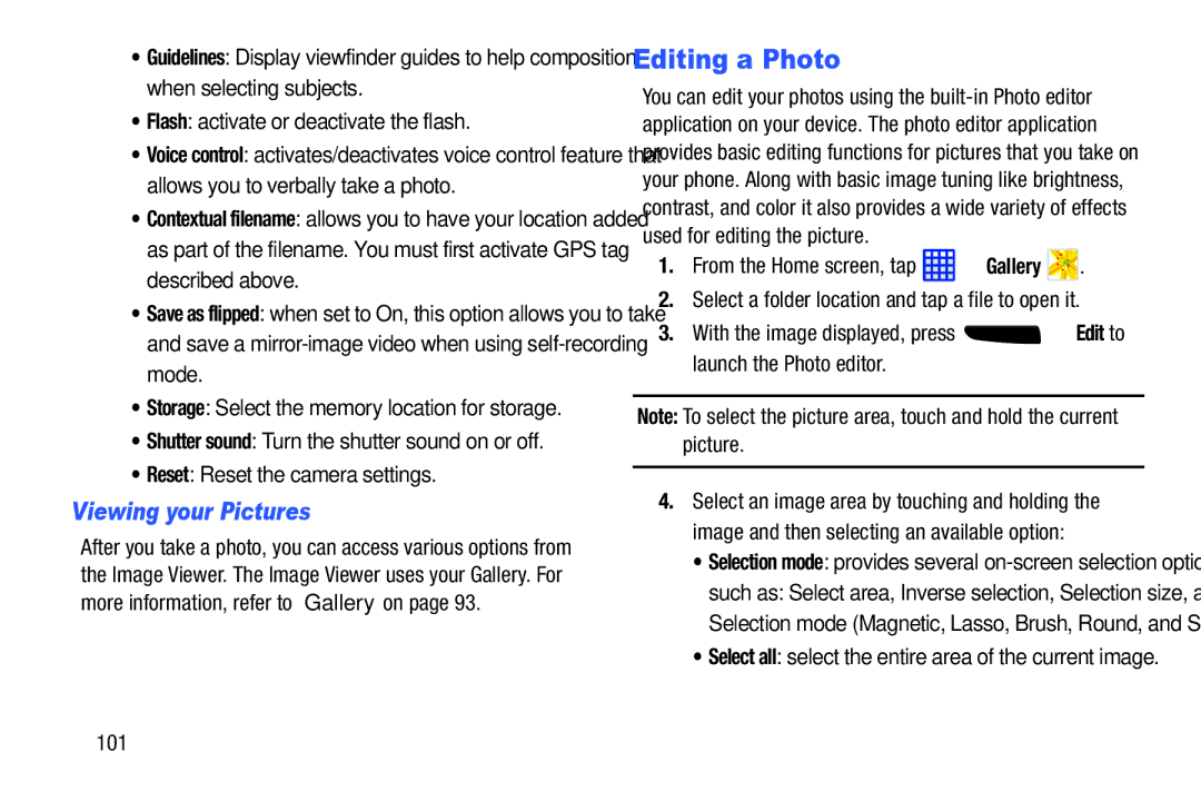 Samsung SGH-I537_UM user manual Editing a Photo, Viewing your Pictures, Flash activate or deactivate the flash, 101 