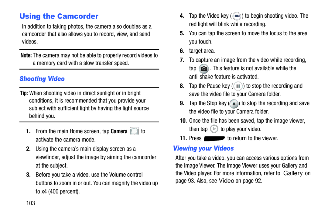 Samsung SGH-I537_UM user manual Using the Camcorder, Shooting Video, Viewing your Videos, 103 