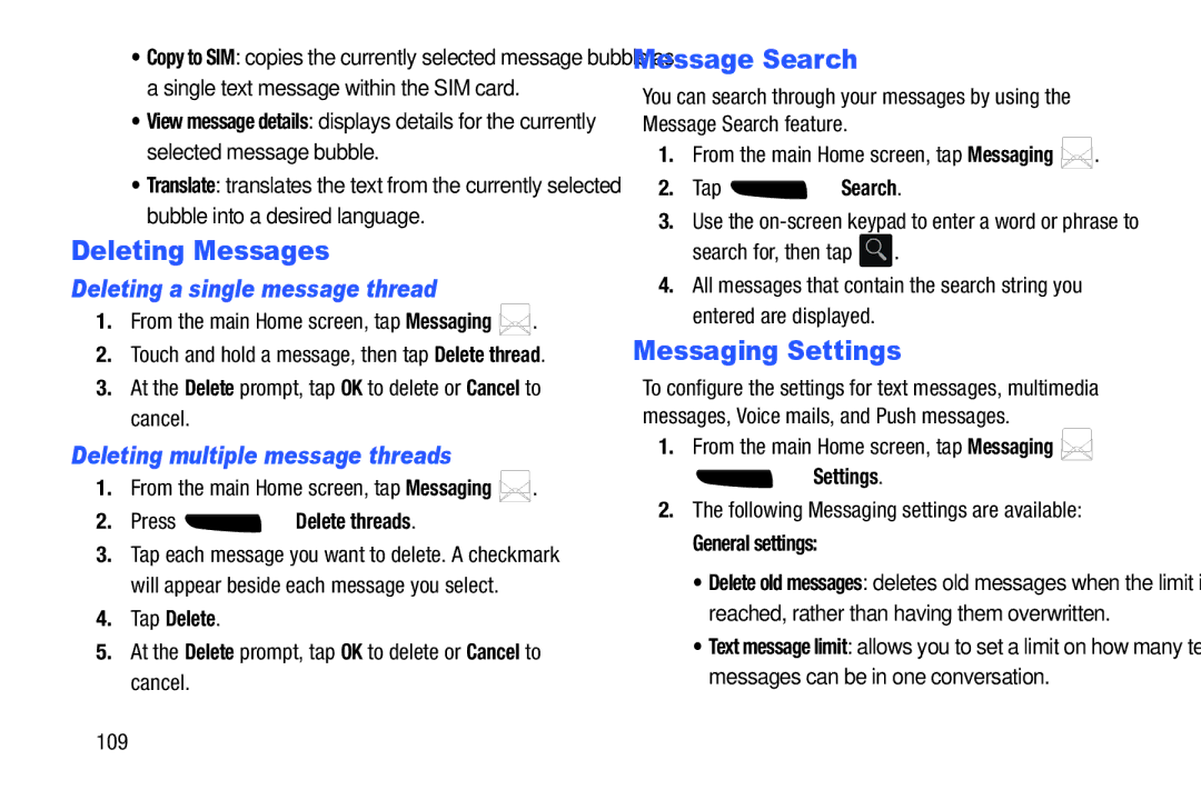 Samsung SGH-I537_UM user manual Deleting Messages, Message Search, Messaging Settings, Deleting a single message thread 