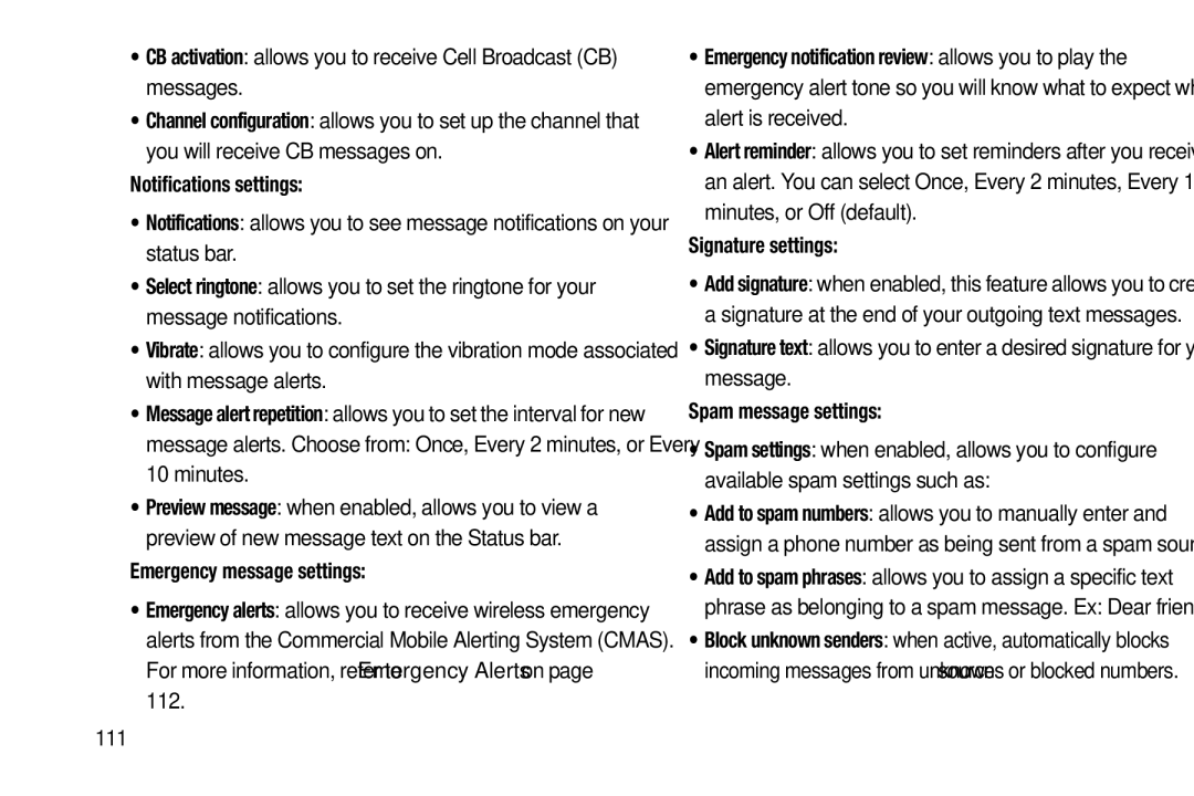 Samsung SGH-I537_UM Notifications settings, Emergency message settings, Signature settings, Spam message settings, 111 