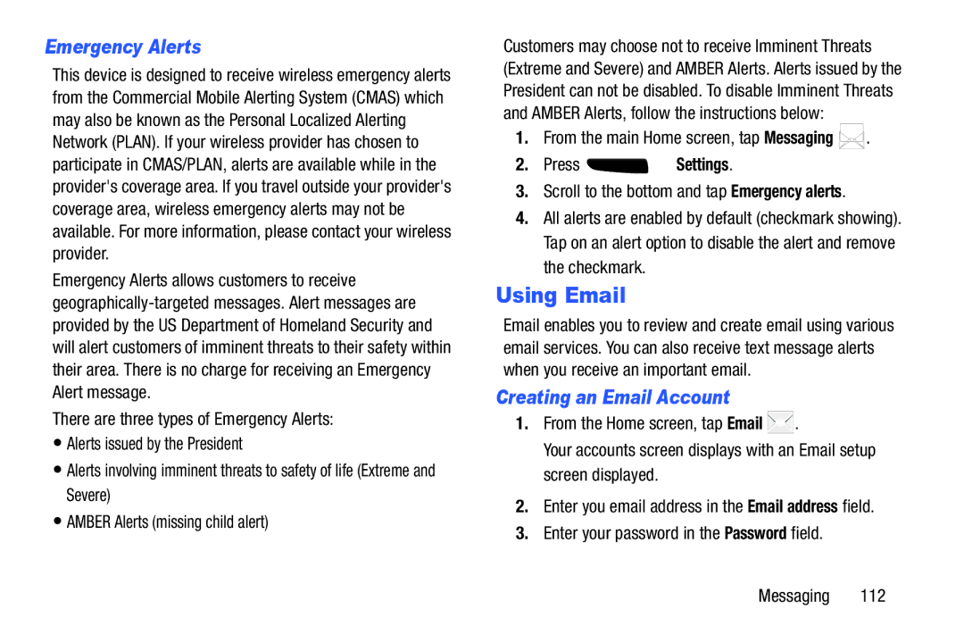 Samsung SGH-I537_UM user manual Using Email, Emergency Alerts, Creating an Email Account 